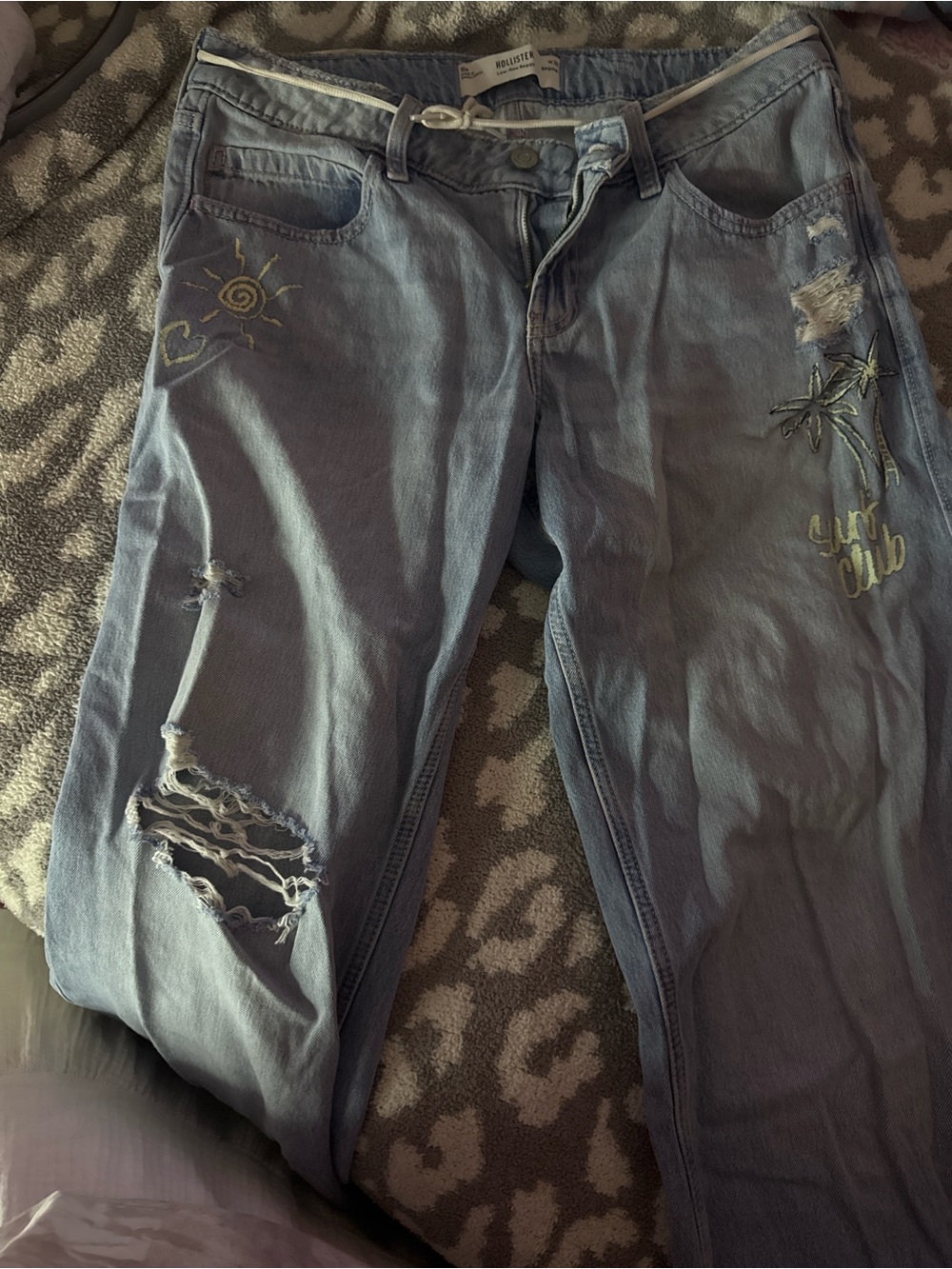 Hollister Light Blue Distressed Boyfriend Jeans with Embroidered Palm